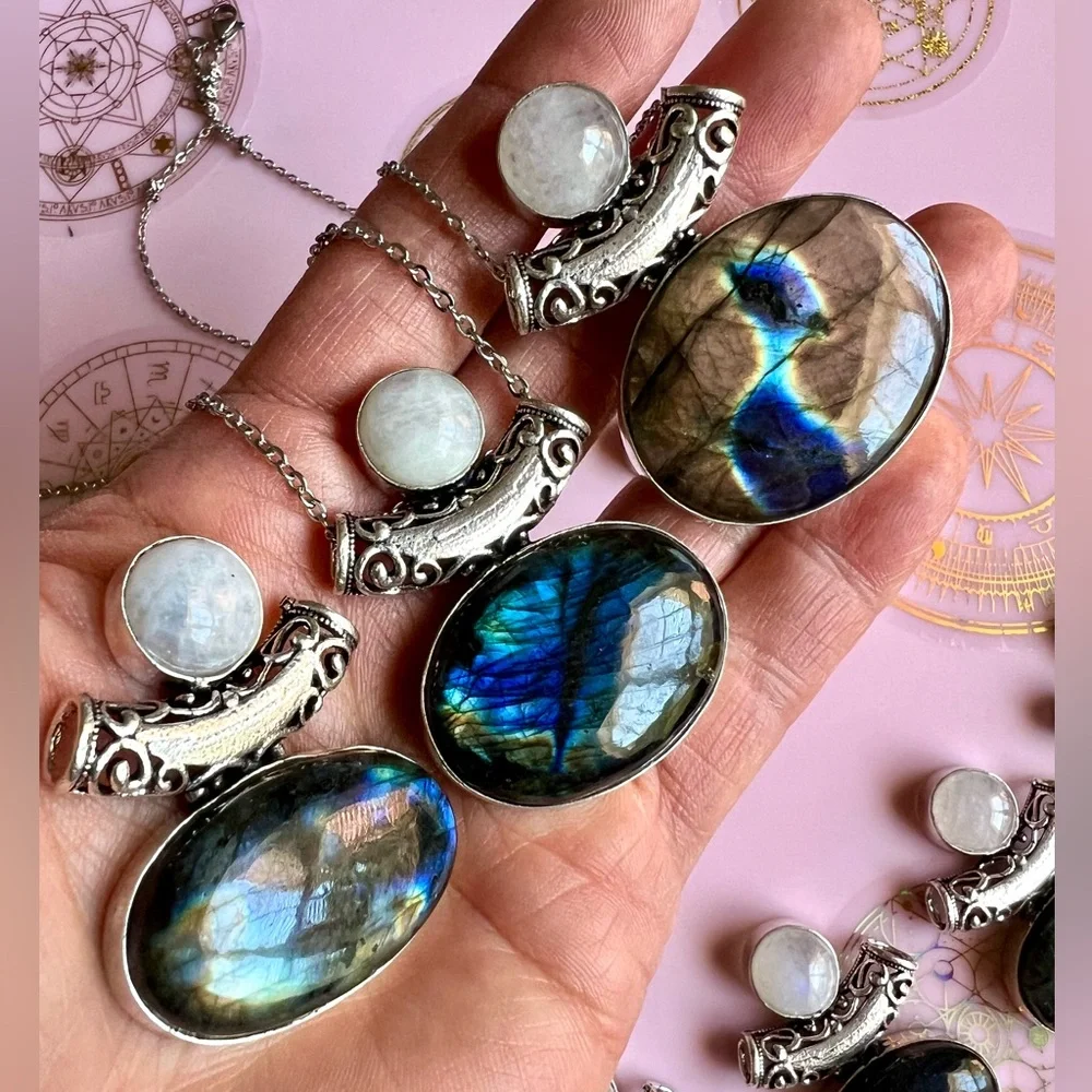 925 OMG OMG! Choose from 10! FLASH LABRADORITE + Moonstone Pendant Necklace - Picture 8 of 8